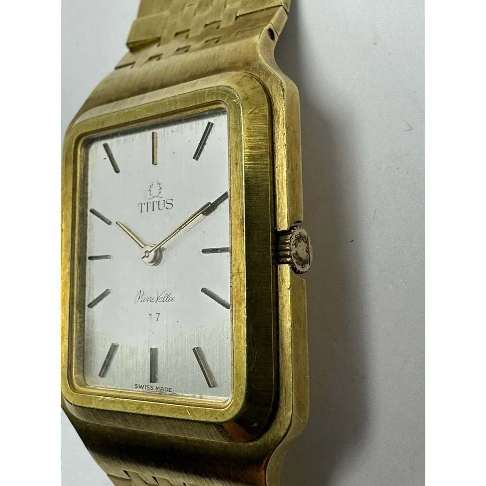 Titus Pierre‎ Vallee Mens Tank Watch Manual Wind Works Swiss Made Gold Tone B20
